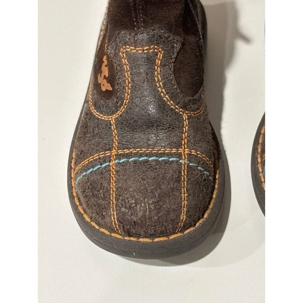 Kenzo Kids Brown Suede Leather Ankle Cowboy‎ Boots Stitching Side Zip 24 7.5